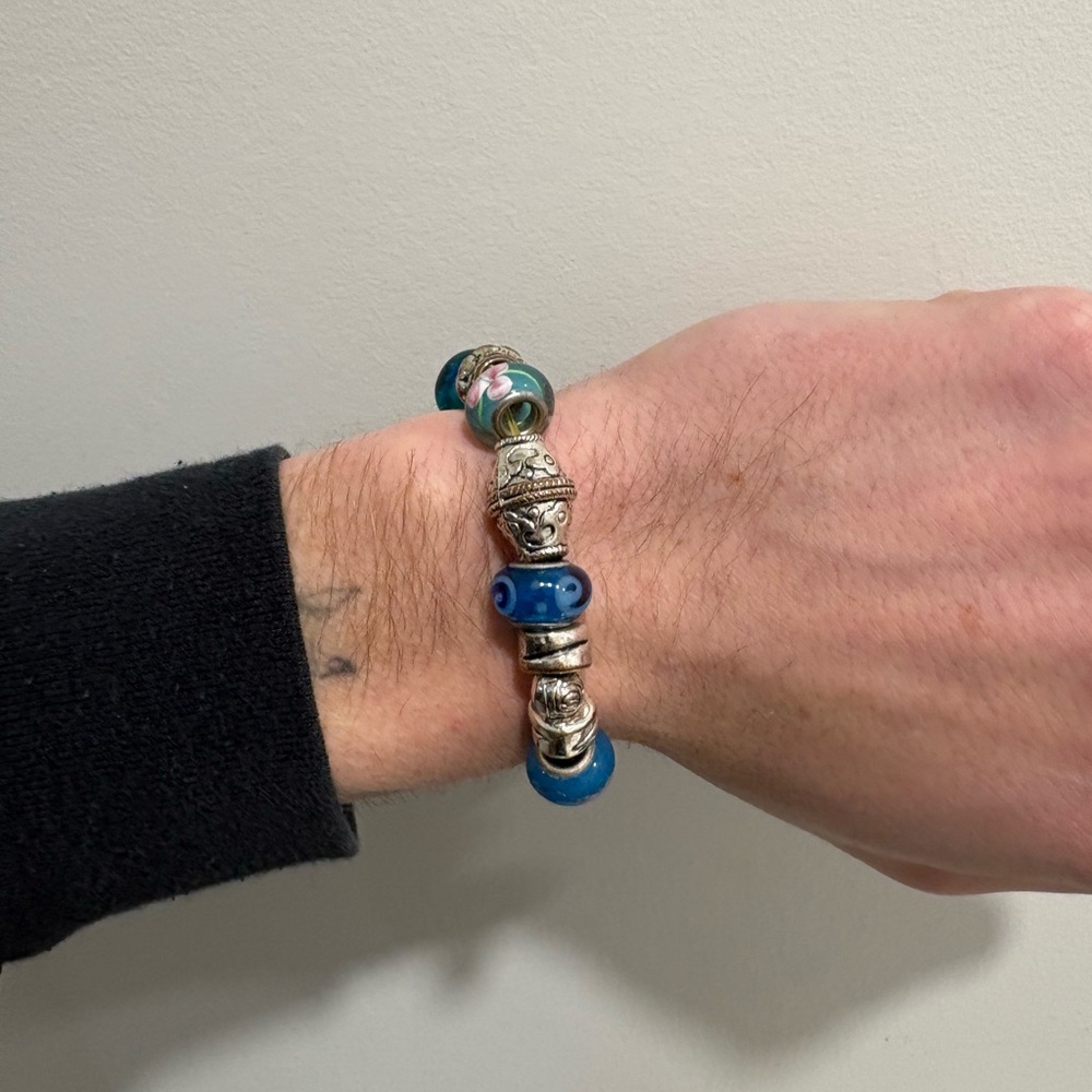 Silver and Blue Beaded Bracelet Floral Patterned